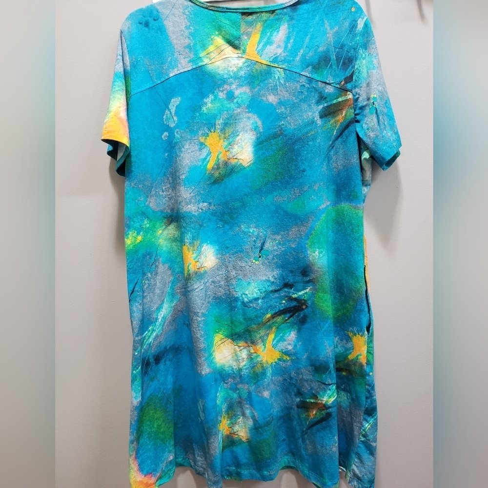 Parsley & Sage Short Sleeve Scoop Neck Turquoise Print Dress with Pockets, XL - Picture 2 of 7